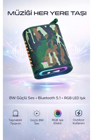 8W RGB Işıklı Taşınabilir Bluetooth Hoparlör - Suya Dayanıklı Tasarım ürün görseli 1