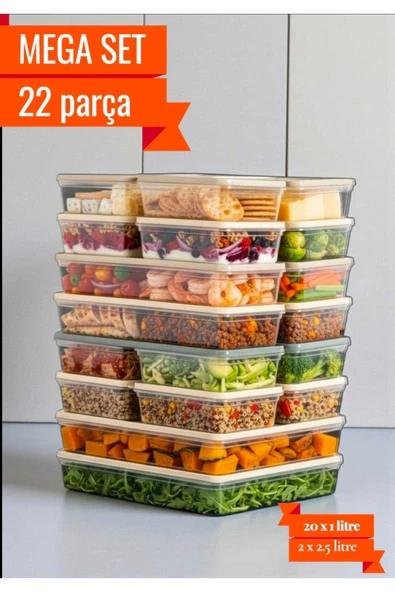 22'Li Set Freshbox Mikrodalga ve Difrize Uygun Saklama Kabı - 2x2,5 Litre - 20 x 1 Litre ürün görseli 1