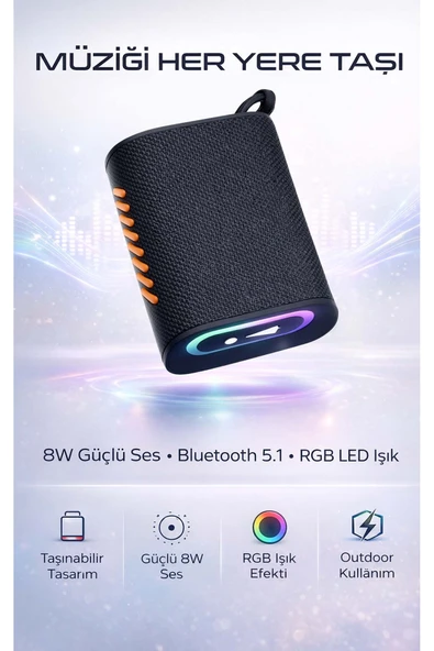 8W RGB Işıklı Taşınabilir Bluetooth Hoparlör - Suya Dayanıklı Tasarım ürün görseli 1