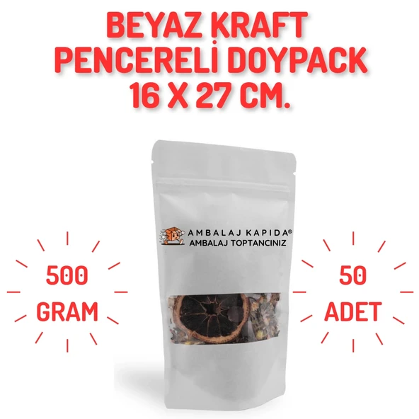 16x27 cm. Beyaz Kraft Pencereli Doypack - 50 Adet ürün görseli 1
