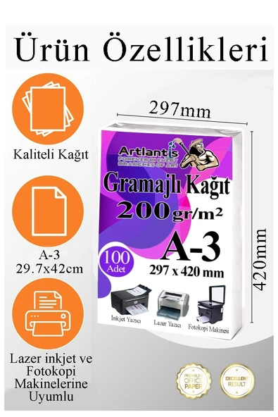 A3 Gramajlı Fotokopi Kağıdı 50 Adet 200 gr Sertifika Kağıdı Kalın Kağıt Baskı Tüm Yazıcılara Uyumlu 29.7x42cm Ofis Büro ürün görseli 1