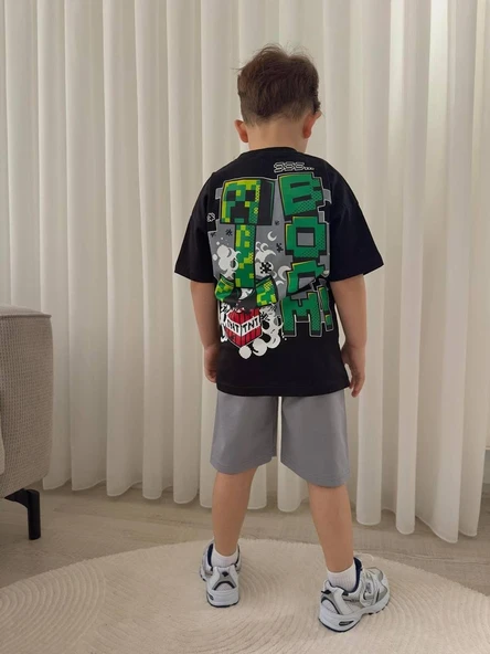 Cg Kids Minecraft Erkek Çocuk 2 İplik Tshirt & Şort Alt Üst Takım Süper Kalite Sırt Baskı Detaylı ürün görseli 1
