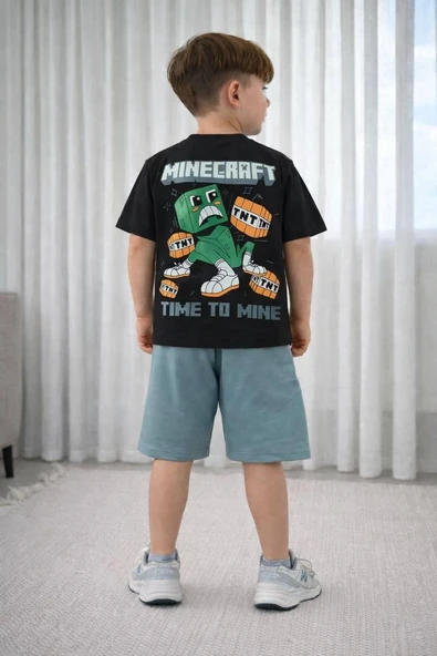 Cg Kids Minecraft Erkek Çocuk Tshirt & Şort Alt Üst Takım Süper Kalite Sırt Baskı Detay ürün görseli 1