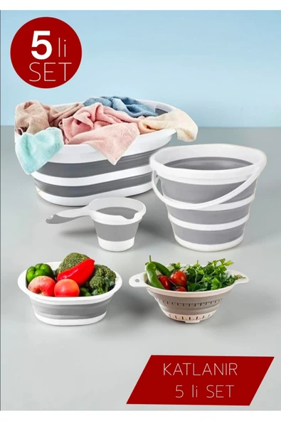Katlanır 5 Li Set - Çamaşır Sepeti - Kova - Maşrapa - Badya - Süzgeç ürün görseli 1