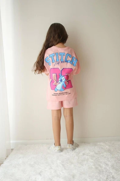 Cg Kids Stitch Temalı Sırt Baskı Detay Kız Çocuk Tshirt Şort Alt Üst Takım ürün görseli 1