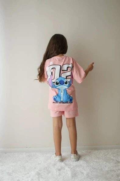 Cg Kids Stitch Sırt Baskı Detay Kız Çocuk Tshirt Şort Alt Üst Takım ürün görseli 1