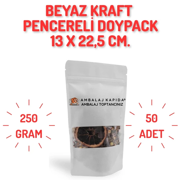 13x22,5 cm. Beyaz Kraft Pencereli Doypack - 50 Adet ürün görseli 1