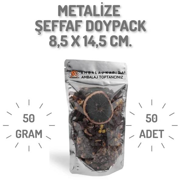 8,5x14,5 cm. Metalize Şeffaf Kilitli Doypack - 50 Adet ürün görseli 1