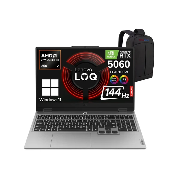 Loq 15AHP10WZ10 Aı Amd Ryzen7 250 12GB 1tb RTX5060 (100WATT) Fhd 15.6 IPS 144Hz Windows 11 Home Gaming Taşınabilir Bilgisayar - Webzone Çanta ürün görseli 1