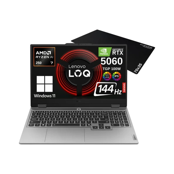 Loq 15AHP10WZ28 Aı Amd Ryzen7 250 12GB 1tb RTX5060 (100WATT) Fhd 15.6 IPS 144Hz Windows 11 Home Gaming Taşınabilir Bilgisayar - Fazeon Mouse Pad ürün görseli 1