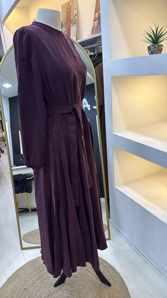 Misswhence 39842 Cupro Elbise bordo - Resim 3