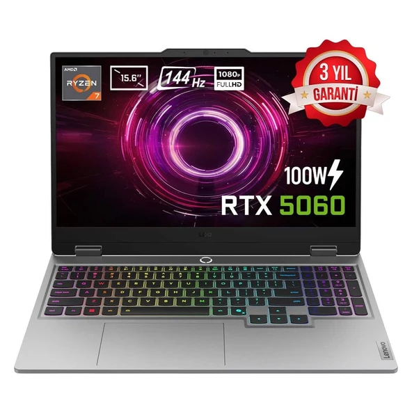 LOQ 15AHP10 AMD Ryzen 7 250 16GB DDR5 1TB SSD RTX 5060 8GB 100W 15.6 inç Full HD 144Hz IPS FreeDos Gaming Laptop (83JG008UTR) ürün görseli 1