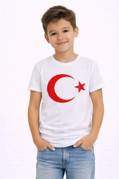 Erkek Çocuk Tişört Bisiklet Yaka Ay Yıldız Bayrak Baskılı T-Shirt - Beyaz ürün görseli 1