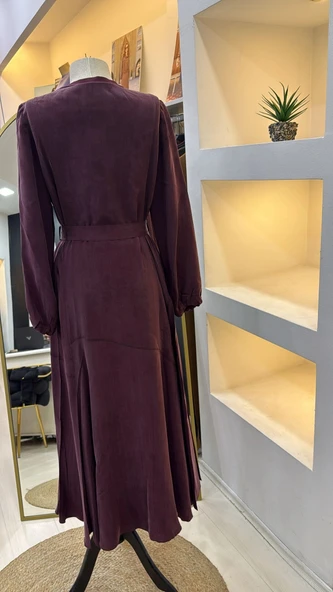 Misswhence 39842 Cupro Elbise bordo - Resim 4