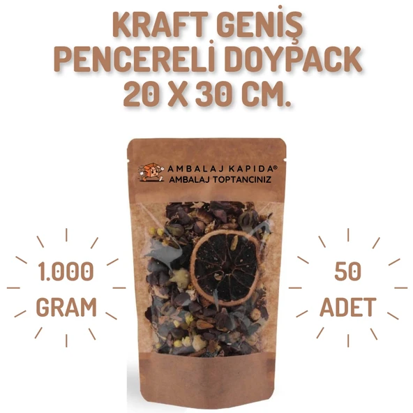 20x30 cm. Kraft Geniş Pencereli Doypack - 50 Adet ürün görseli 1