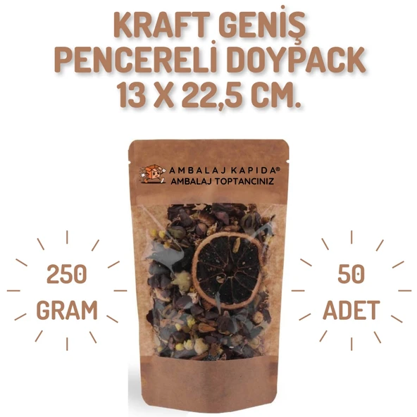 13x22,5 cm. Kraft Geniş Pencereli Doypack - 50 Adet ürün görseli 1