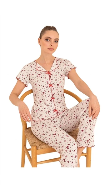 Çağrı Kadın %100 Pamuk Raporlu Fitilli Kısa Kollu Önü Düğmeli Pijama Takım ürün görseli 1