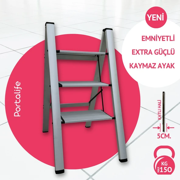 Portalife 3 Basamak Şık Çelik Takviyeli Alüminyum Merdiven- Kalın Profil - Gümüş ürün görseli 1