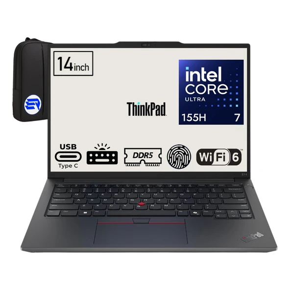 Lenovo Thinkpad E14 Gen6 Ultra 7-155H 32GB Ram 512GB SSD Arc Graphics 14" Wuxga WIN11 Pro 21M70091TXEP2 + Elektropasaj Çanta ürün görseli 1