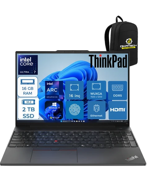 THİNKPAD E16 INTELCORE ULTRA 7 255H 16GB RAM DDR5 2 TB SSD WİN11PRO 16 ” FHD TAŞINABİLİR NOTEBOOK 21SR006RTXOKA03 ürün görseli 1