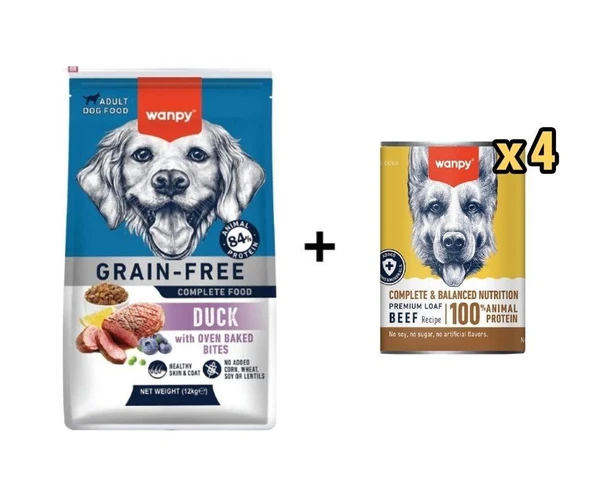 Wanpy Tahılsız Ördekli Yetişkin Köpek Maması 12 kg + 4 Adet Wanpy Tahılsız %100 Gerçek Et Biftekli Köpek Konservesi 375 gr ürün görseli 1