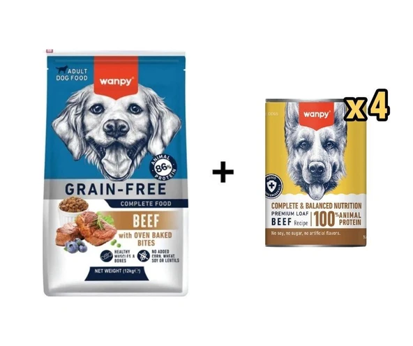 Wanpy Tahılsız Sığır Etli Yetişkin Köpek Maması 12 kg + 4 Adet Wanpy Tahılsız %100 Gerçek Et Biftekli Köpek Konservesi 375 gr ürün görseli 1