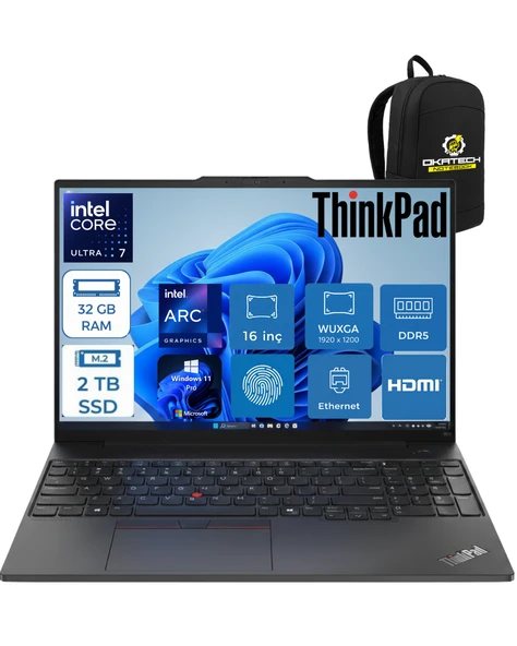 THİNKPAD E16 INTELCORE ULTRA 7 255H 32 GB RAM DDR5 2 TB SSD WİN11PRO 16 ” FHD TAŞINABİLİR NOTEBOOK 21SR006RTXOKA09 ürün görseli 1