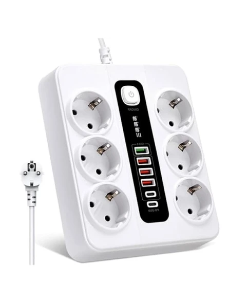 3000W 6'lı Priz Uzatma Kablosu - 4 USB, 2 Type-C Giriş ürün görseli 1