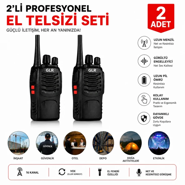 Glr 888 El Telsizi - 1500 mAh Batarya, Pmr El Fenerli 16 Kanal 2 Adet ürün görseli 1