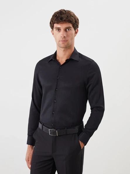 LCWAIKIKI Classic Siyah Slim Fit Uzun Kollu Armürlü Erkek Gömlek ürün görseli 1