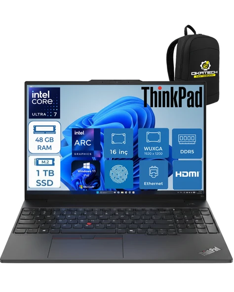 THİNKPAD E16 INTELCORE ULTRA 7 255H 48 GB RAM DDR5 1 TB SSD WİN11PRO 16 ” FHD TAŞINABİLİR NOTEBOOK 21SR006RTXOKA14 ürün görseli 1