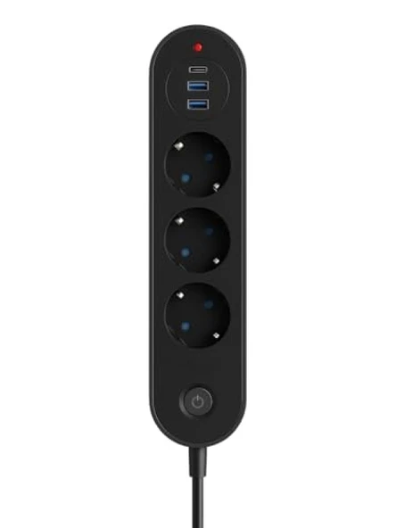 3’lü Priz | 2 USB-A + 1 USB-C | Termal Akım Korumalı, 2500W Güç, Aç/Kapa Anahtarlı ürün görseli 1
