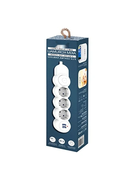 Çocuk Koruma Özellikli, Termal Akım Korumalı 3'lü Priz, 2xUSB, 2m Kablo ürün görseli 1