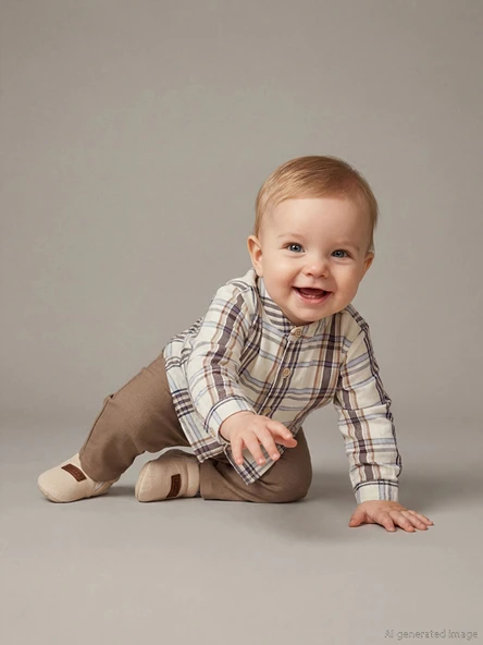 LCW baby Kahverengi Hakim Yaka Erkek Bebek Gömlek ve Pantolon ürün görseli 1