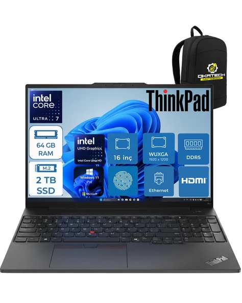 THİNKPAD E16 INTELCORE ULTRA 7 255H 64 GB RAM DDR5 2 TB SSD WİN11PRO 16 ” FHD TAŞINABİLİR NOTEBOOK 21SR006RTXOKA18 ürün görseli 1