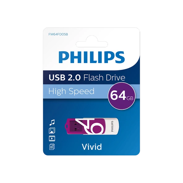 PHILIPS FM64FD05B, 64GB, USB 2.0, Vivid, Mor, Flash Disk ürün görseli 1