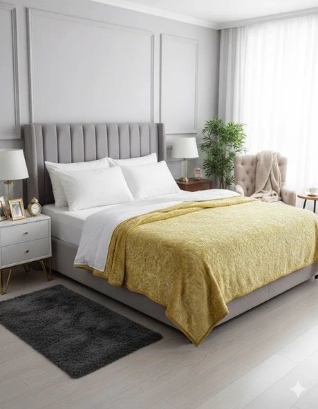 ELEGANT EMBOSS ÇİFT KİŞİLİK İSPANYOL BATTANİYE HARDAL - Resim 2