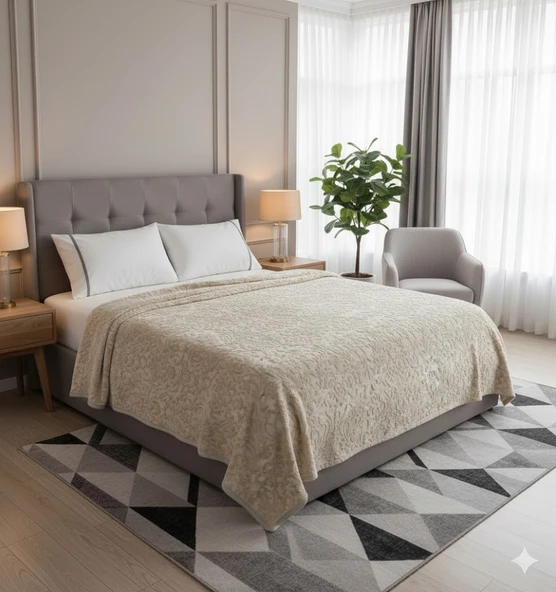 ELEGANT EMBOSS ÇİFT KİŞİLİK İSPANYOL BATTANİYE BEJ ürün görseli 1