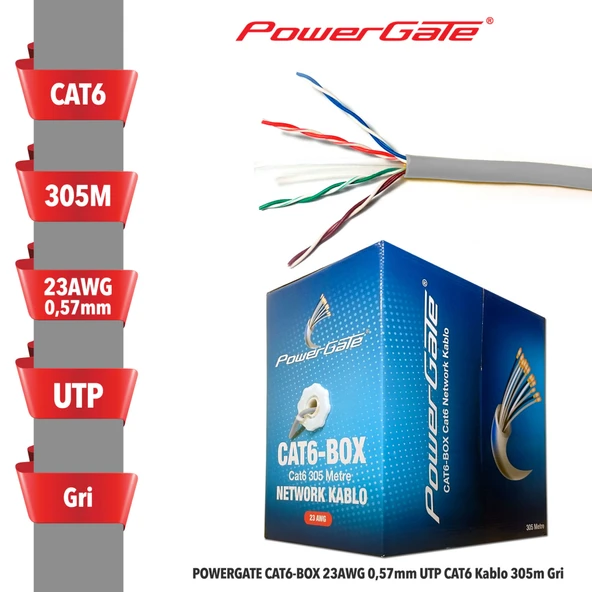 POWERGATE CAT6-BOX-GY, 23AWG 0,57mm, UTP, CAT6 Kablo, 305m, Gri ürün görseli 1