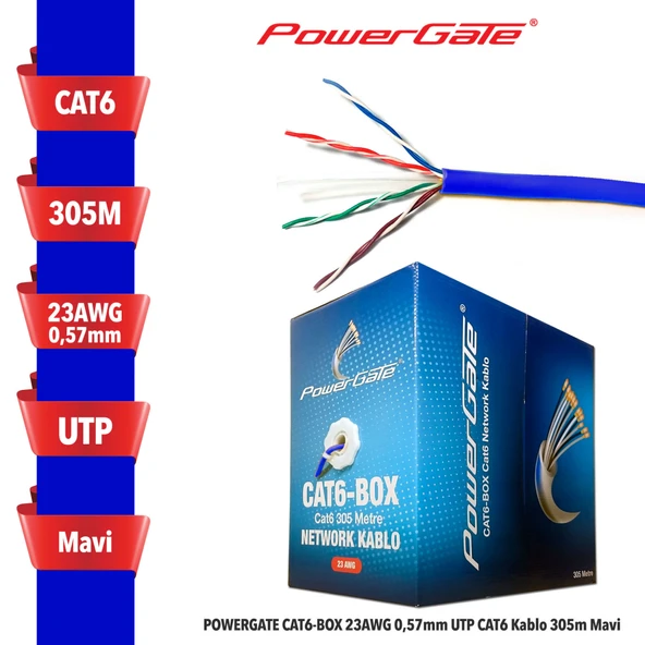 POWERGATE CAT6-BOX-BL, 23AWG 0,57mm, UTP, CAT6 Kablo, 305m, Mavi ürün görseli 1