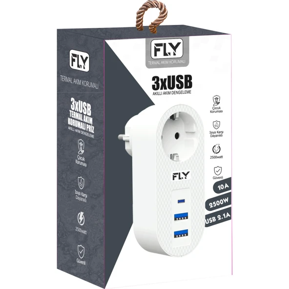 FLY 3400-01, 1 Soket, 2 USB, 1 Type-C, Akım Korumalı Priz, 2.1A, (Beyaz) ürün görseli 1