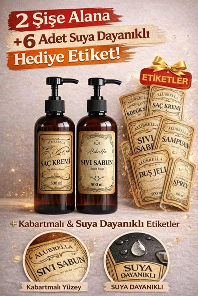 Pompalı Plastik Şişe Seti, 2 Adet 500 ML ve Banyo Temalı Etiketler ürün görseli 1