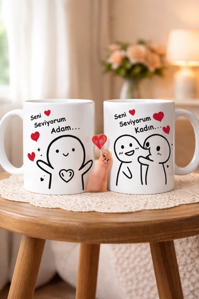 Eşli Çift Kişilik İki Adet Kupa Bardak Seti Seni Seviyorum Adam Yazılı 2'li Çift Yön Baskılı Aşk Hediyesi ürün görseli 1