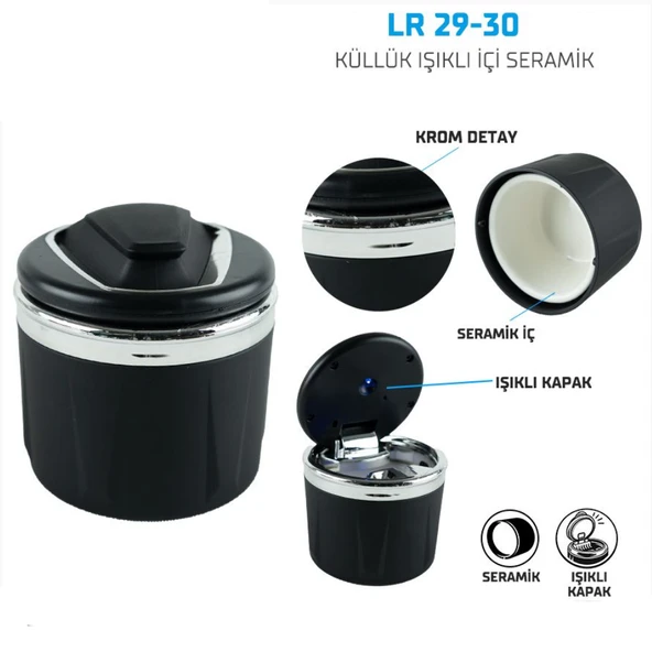 Leader LR29-30 Işıklı Seramik Araç Küllüğü LED Kapaklı Krom Detaylı Oto Küllük ürün görseli 1