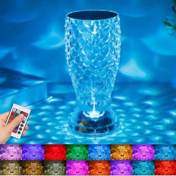 Balık Süzgeç Model USB Şarjlı Kumandalı 16Farklı Işık Modlu Masa Üstü Kristal Akrilik Led ürün görseli 1