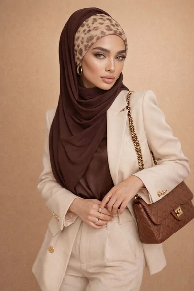 Kahverengi Leopar Desen Bandana Hazır Şal ürün görseli 1