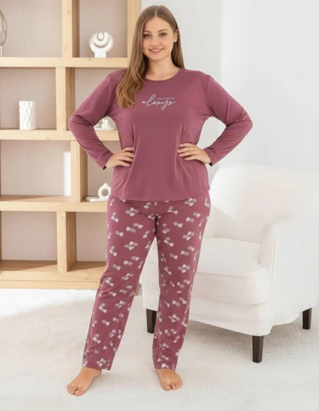 Pijamoni Kadın Milan Büyük Beden Bisiklet Yaka Uzun Kol İnce Pijama Takımı 7666/38 - 1 Adet  Gül Kurusu 3XL ürün görseli 1
