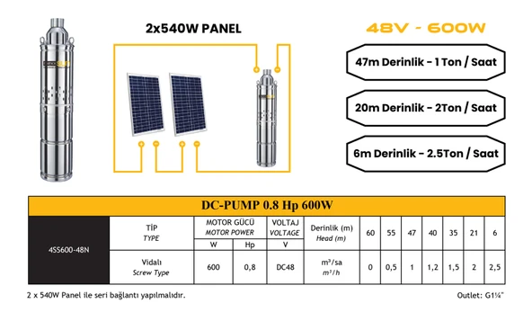 DC pompa 0,8Hp 600W (Screw Type) (4SS600-48N) - Resim 3
