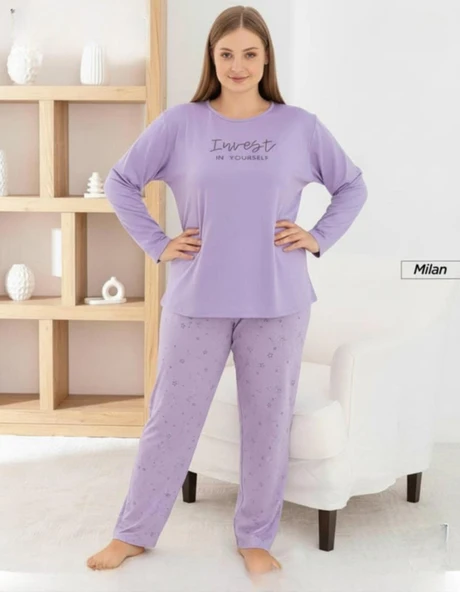 Pijamoni Kadın Milan Büyük Beden Bisiklet Yaka Uzun Kol İnce Pijama Takımı 7666/36 - 1 Adet  4XL Lila ürün görseli 1