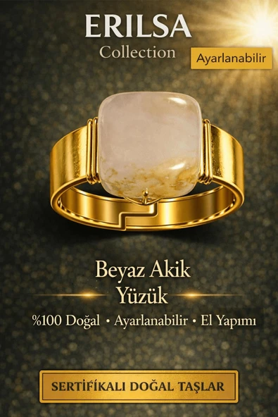 Sertifikalı Beyaz Akik Yüzük Doğal Taş Yüzük Ayarlanabilir El Yapımı Enerji Taşı ürün görseli 1